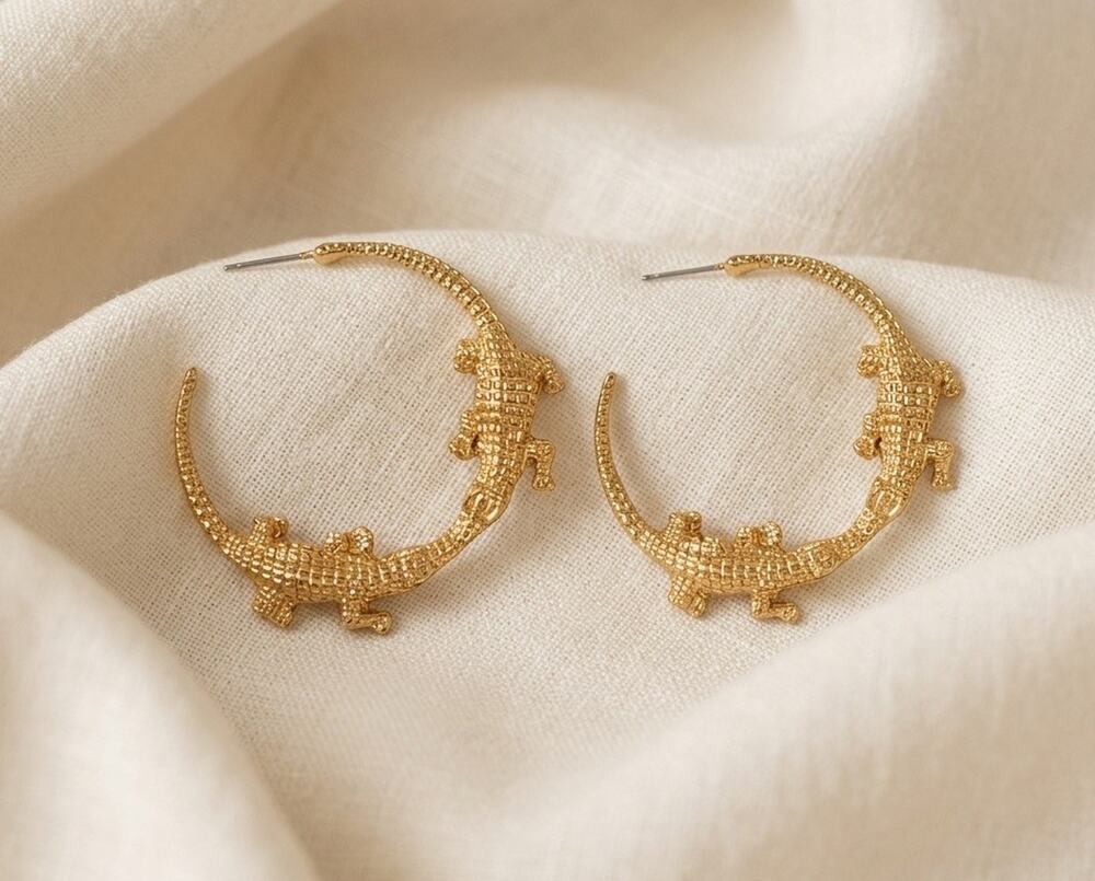 Zara Alligator Hoop Earrings Crocodile Steampunk Gold Plated Large Gothic
